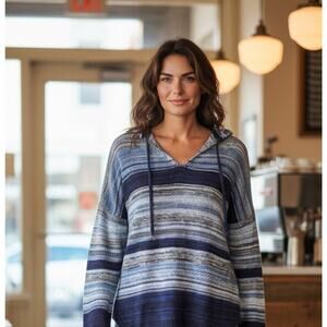 Tribal Jeans Sweater Womens Small Blue Striped Hooded V Neck Hoodie Boho Relaxed